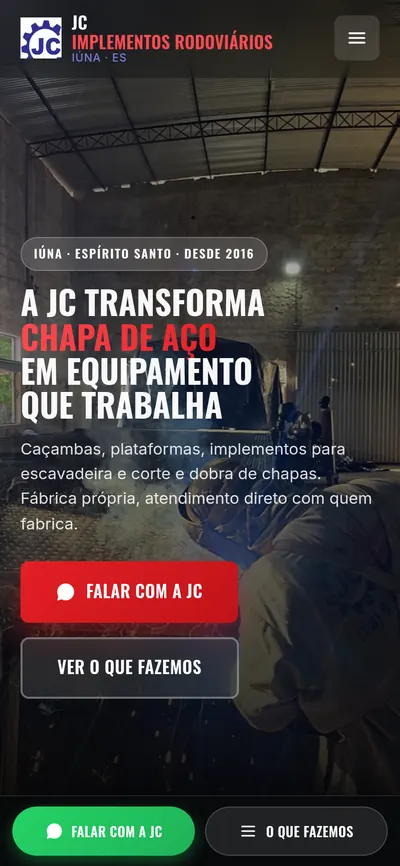Primeira tela do site JC Implementos Rodoviários no celular