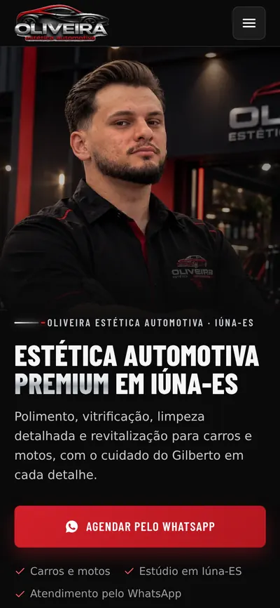 Primeira tela do site Oliveira Estética Automotiva no celular